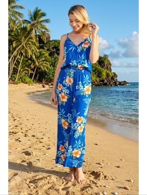 Hawaii Hangover V-neck Floral Jumpsuit Blue Hibiscus Size L